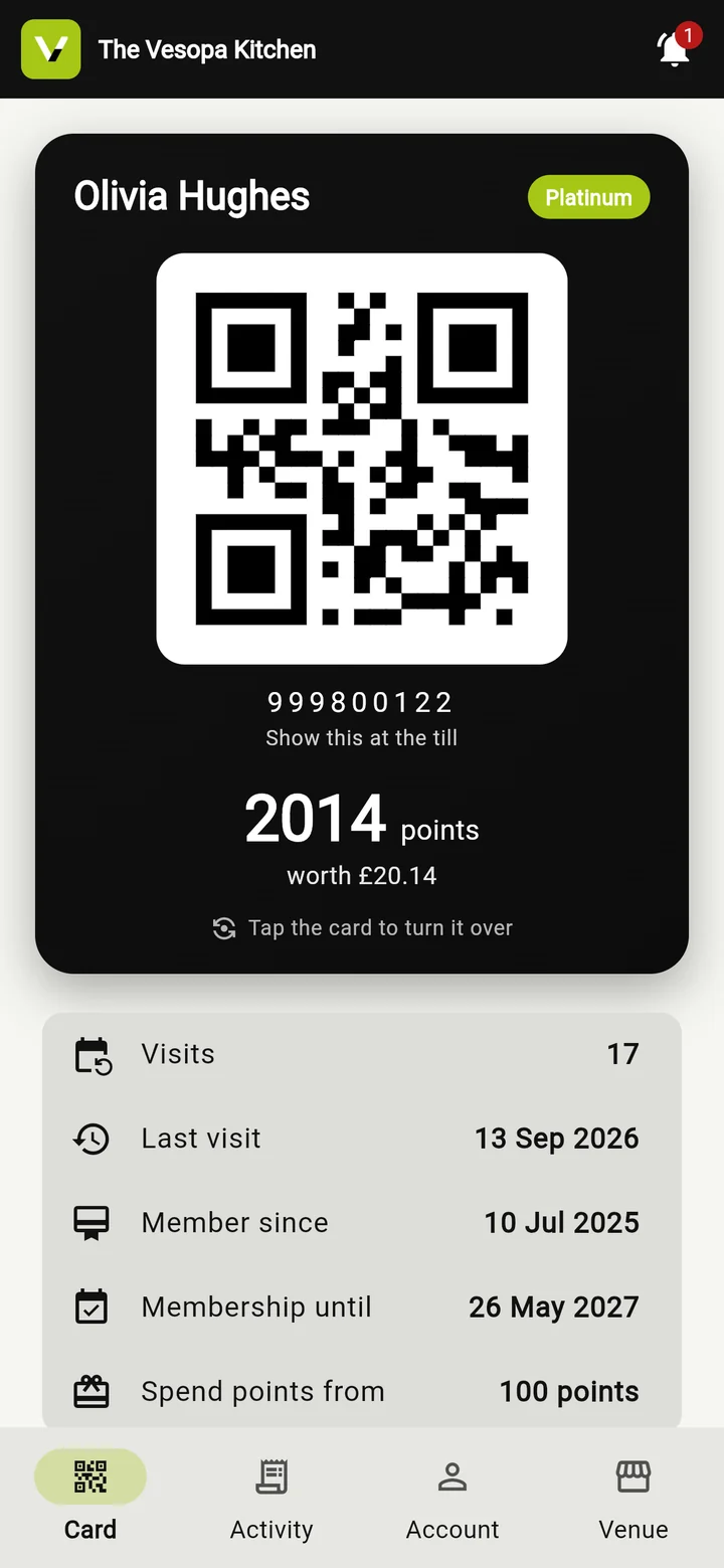 The Vesopa Kitchen demo app showing a member's card
