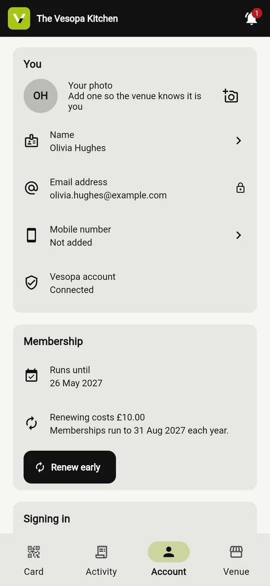 The member's account and membership